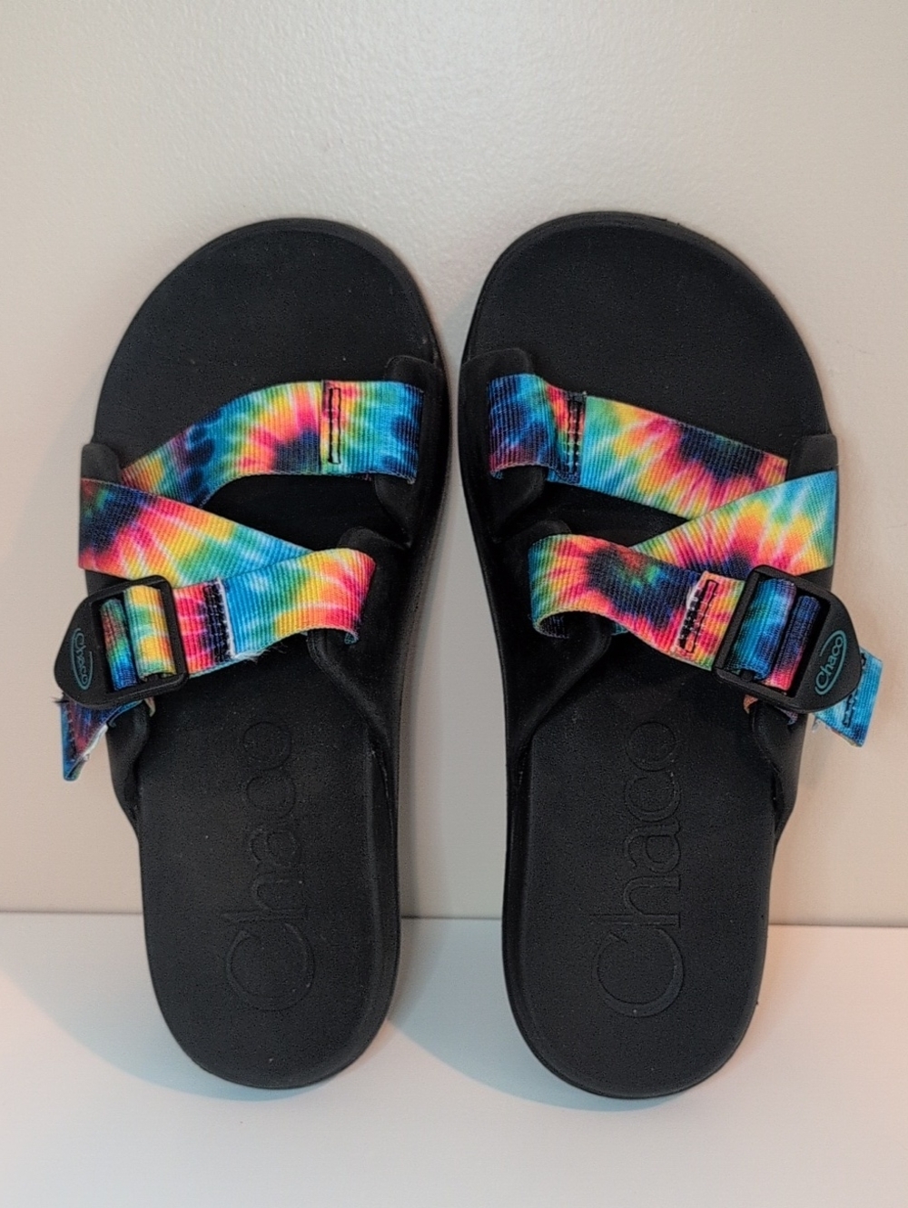 Chacos Chillos Slides Black Sandals with Dark Rainbow Tie-Dye Straps